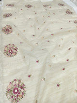 Ivory Rose Jute Kota Silk Saree with Handcrafted Floral Embroidery
