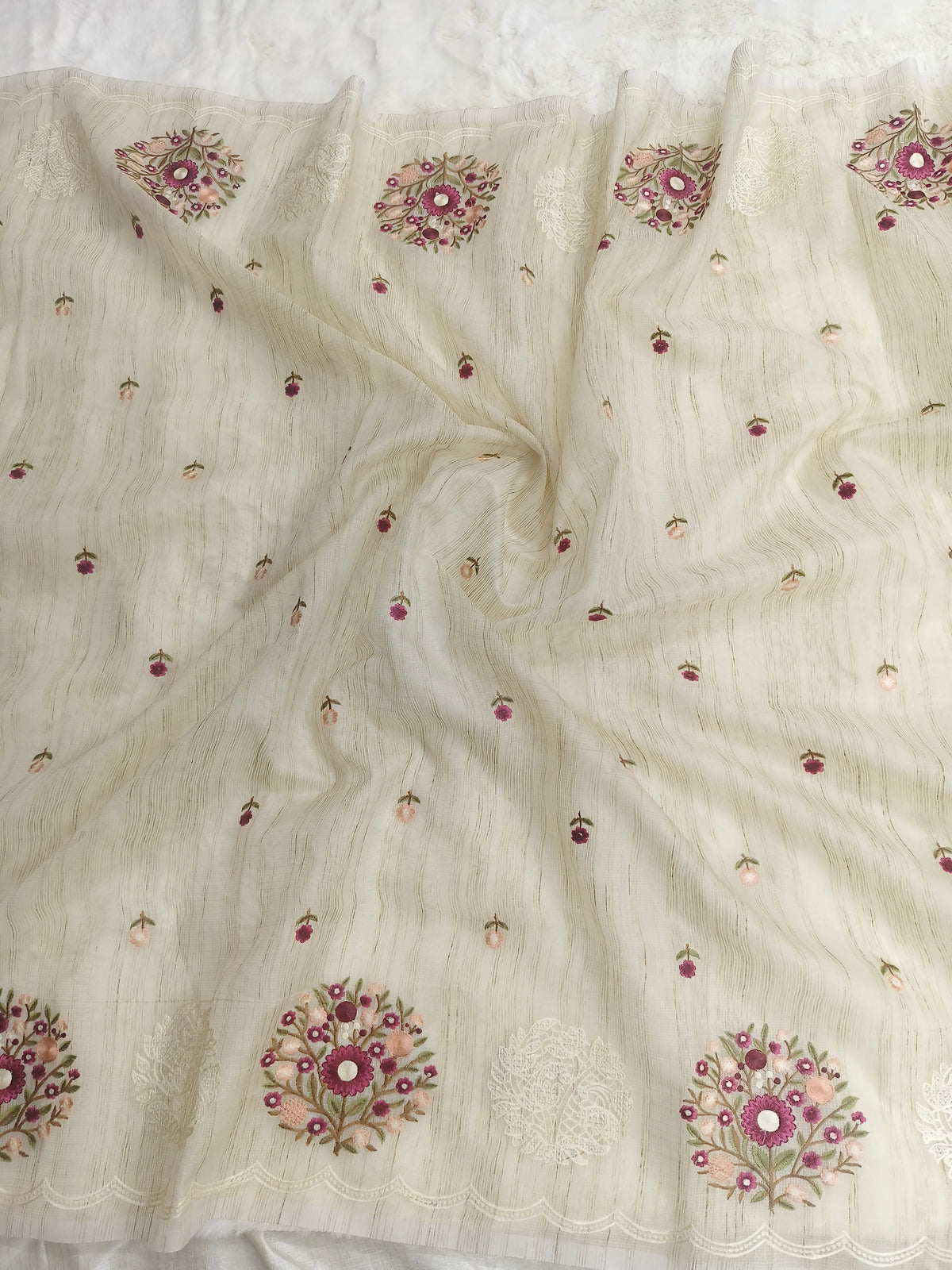 Ivory Rose Jute Kota Silk Saree with Handcrafted Floral Embroidery
