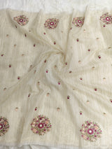 Ivory Rose Jute Kota Silk Saree with Handcrafted Floral Embroidery