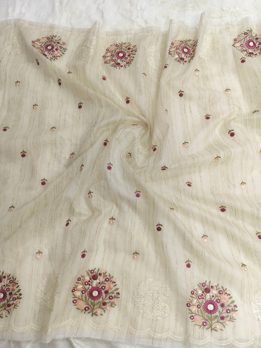 Ivory Rose Jute Kota Silk Saree with Handcrafted Floral Embroidery