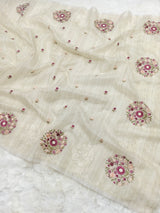 Ivory Rose Jute Kota Silk Saree with Handcrafted Floral Embroidery
