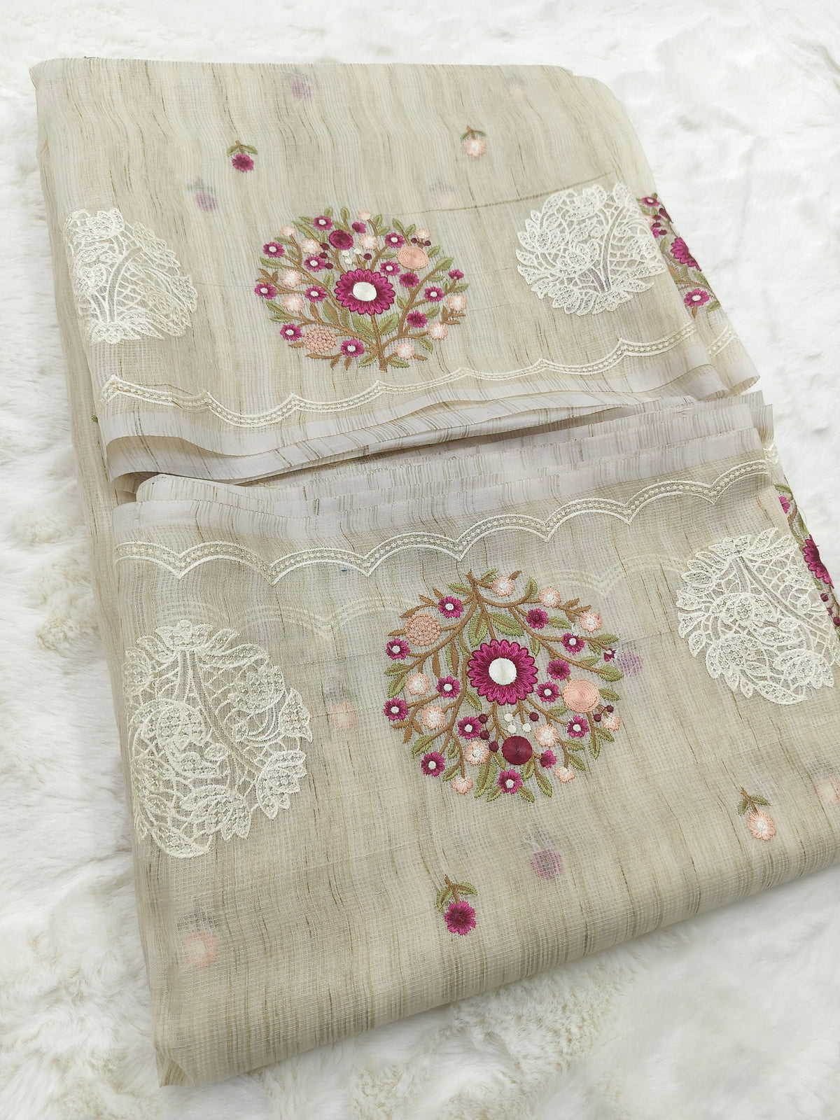 Ivory Rose Jute Kota Silk Saree with Handcrafted Floral Embroidery