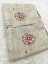 Ivory Rose Jute Kota Silk Saree with Handcrafted Floral Embroidery