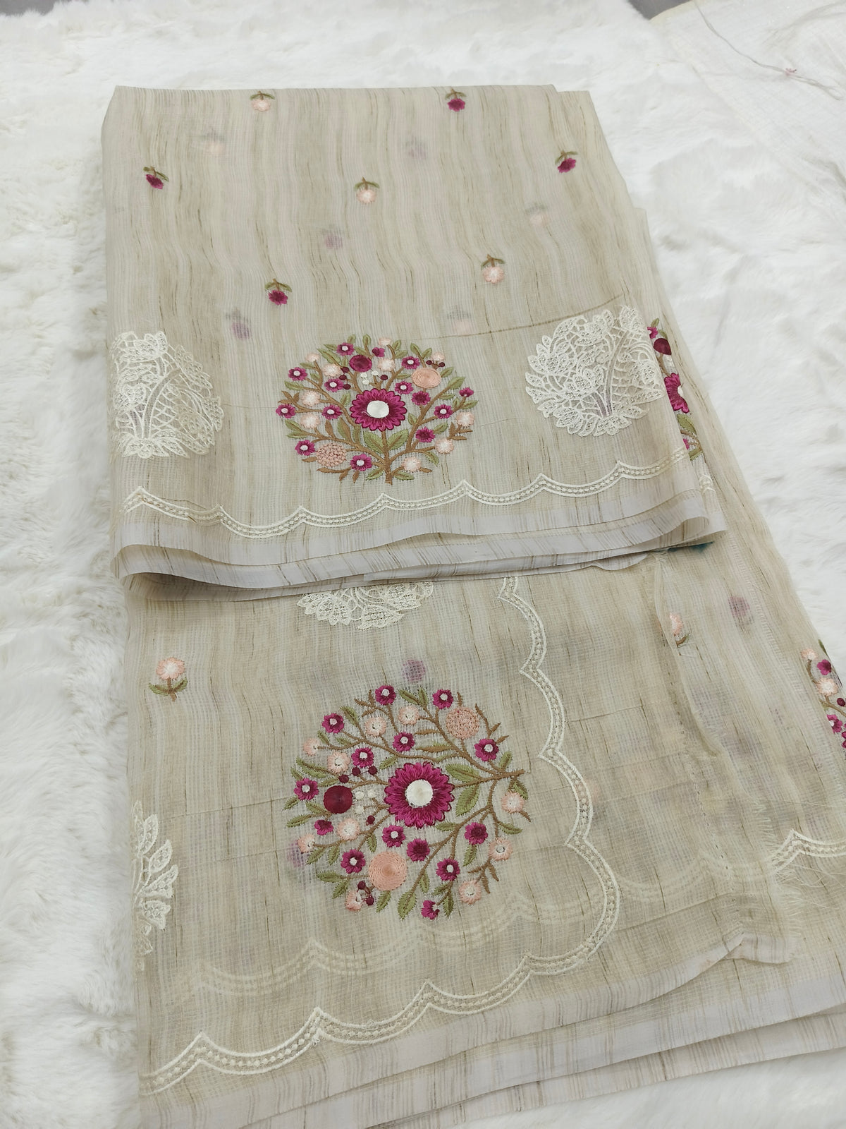 Ivory Rose Jute Kota Silk Saree with Handcrafted Floral Embroidery