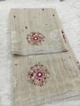 Ivory Rose Jute Kota Silk Saree with Handcrafted Floral Embroidery