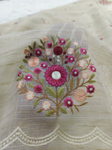 Ivory Rose Jute Kota Silk Saree with Handcrafted Floral Embroidery