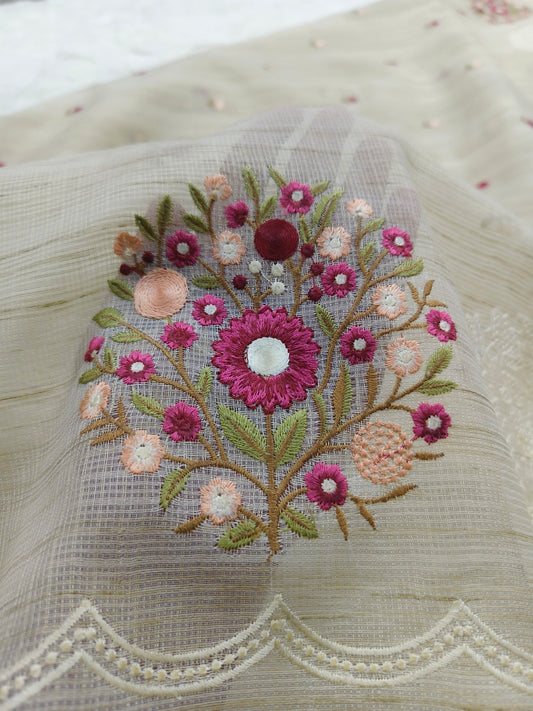 Ivory Rose Jute Kota Silk Saree with Handcrafted Floral Embroidery