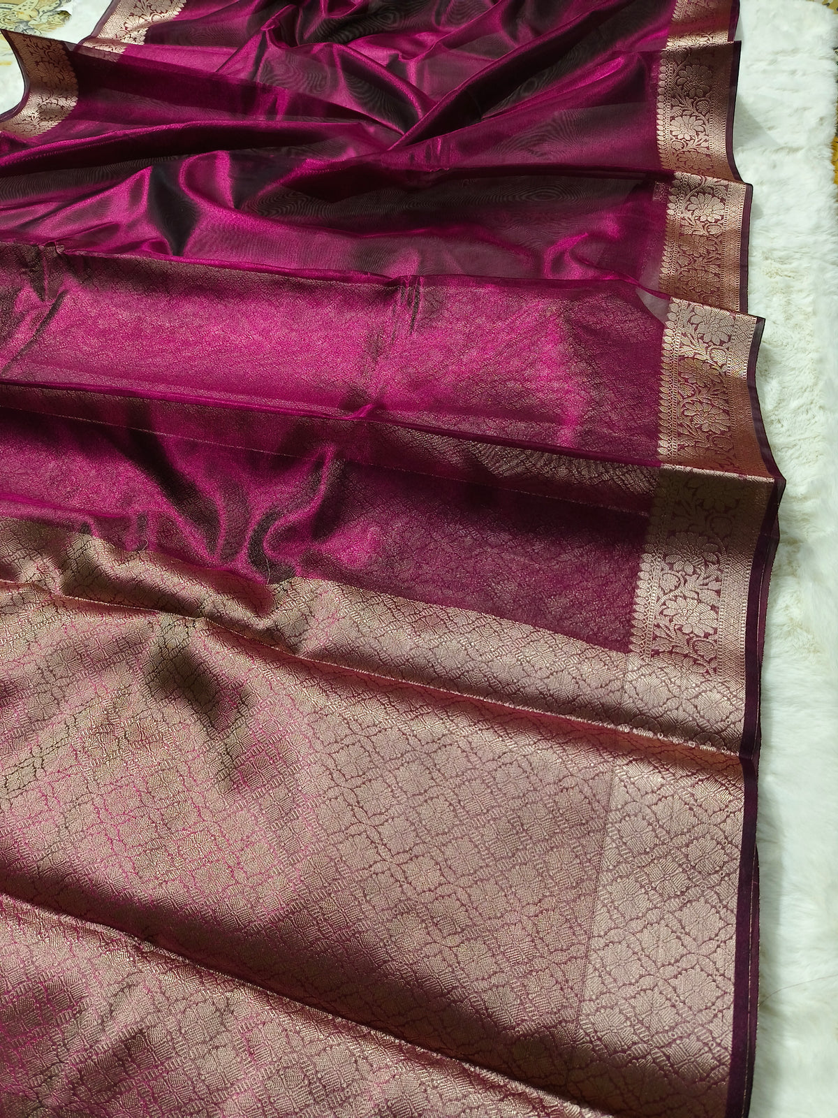 Dual-Tone Deep Magenta Tissue Saree with Floral Zari Border