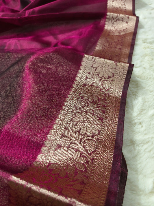 Dual-Tone Deep Magenta Tissue Saree with Floral Zari Border