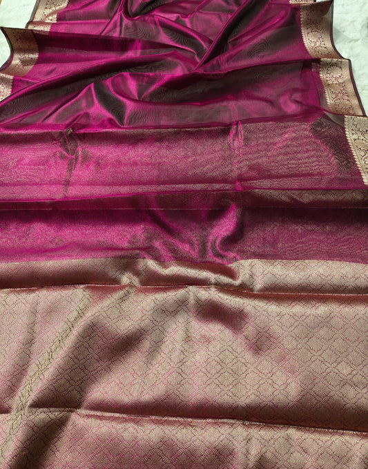Dual-Tone Deep Magenta Tissue Saree with Floral Zari Border