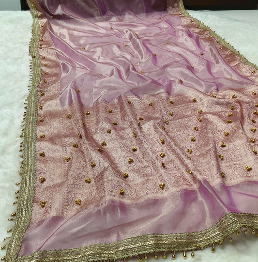 Mauve Pink Ghungroo Handmade Tissue Silk Saree
