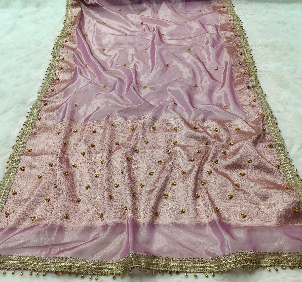 Mauve Pink Ghungroo Handmade Tissue Silk Saree