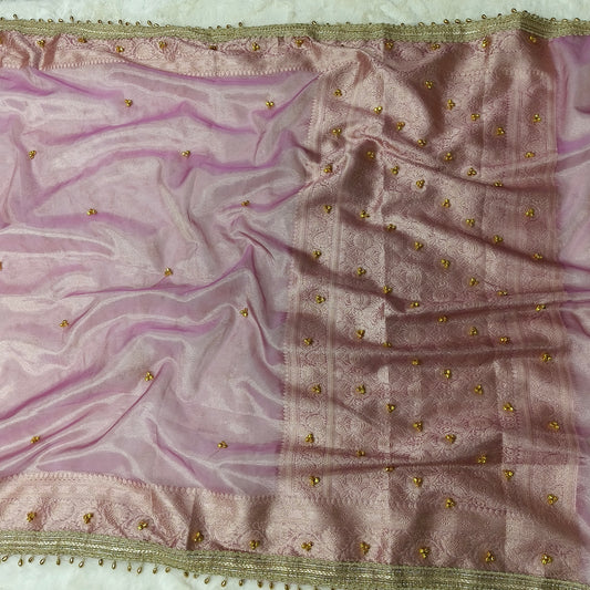 Mauve Pink Ghungroo Handmade Tissue Silk Saree