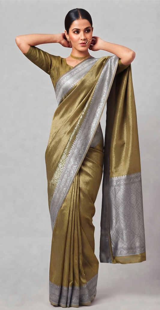 Dual-Tone Antique Olive Tissue Saree with Floral Zari Border