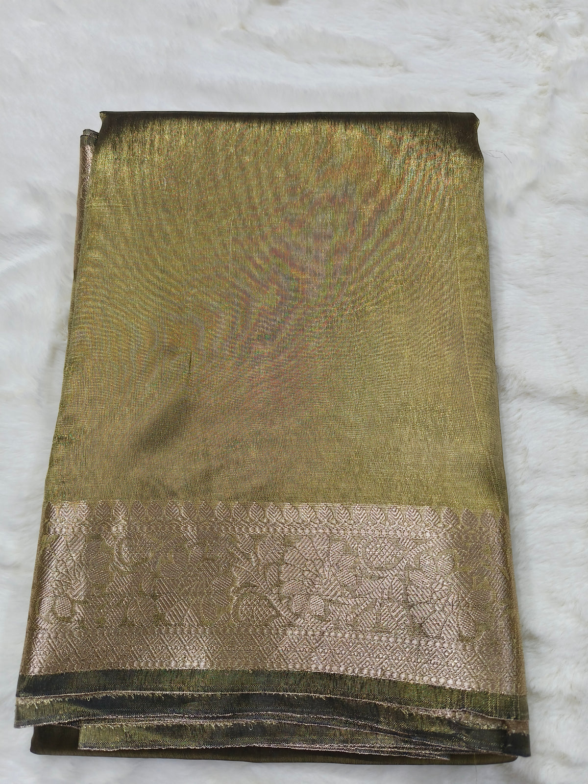 Dual-Tone Antique Olive Tissue Saree with Floral Zari Border