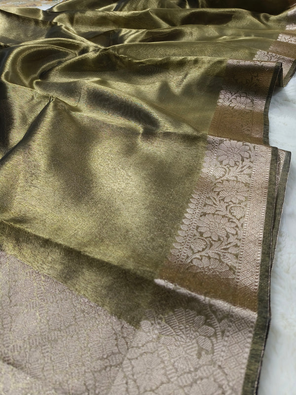 Dual-Tone Antique Olive Tissue Saree with Floral Zari Border