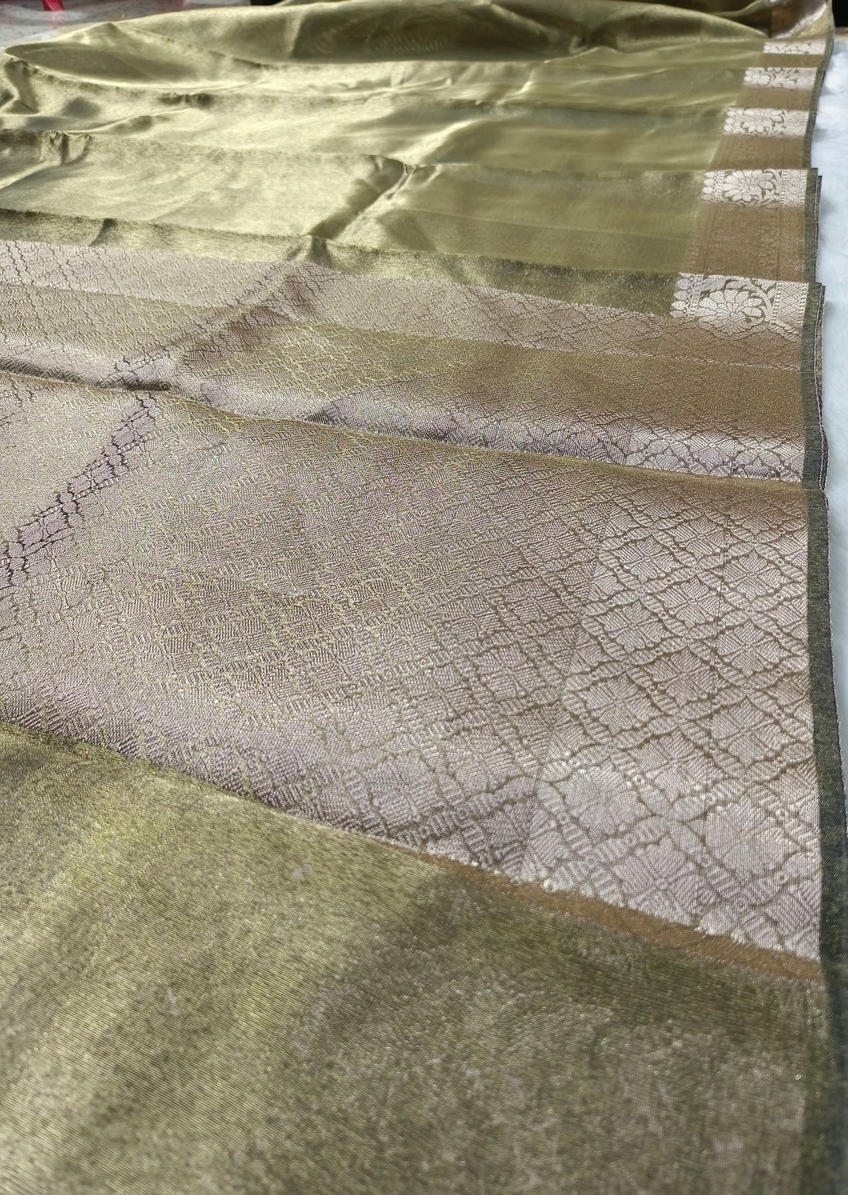 Dual-Tone Antique Olive Tissue Saree with Floral Zari Border