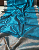 Dual-Tone Peacock Teal Tissue Saree with Floral Zari Border