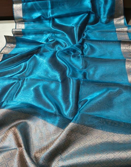 Dual-Tone Peacock Teal Tissue Saree with Floral Zari Border