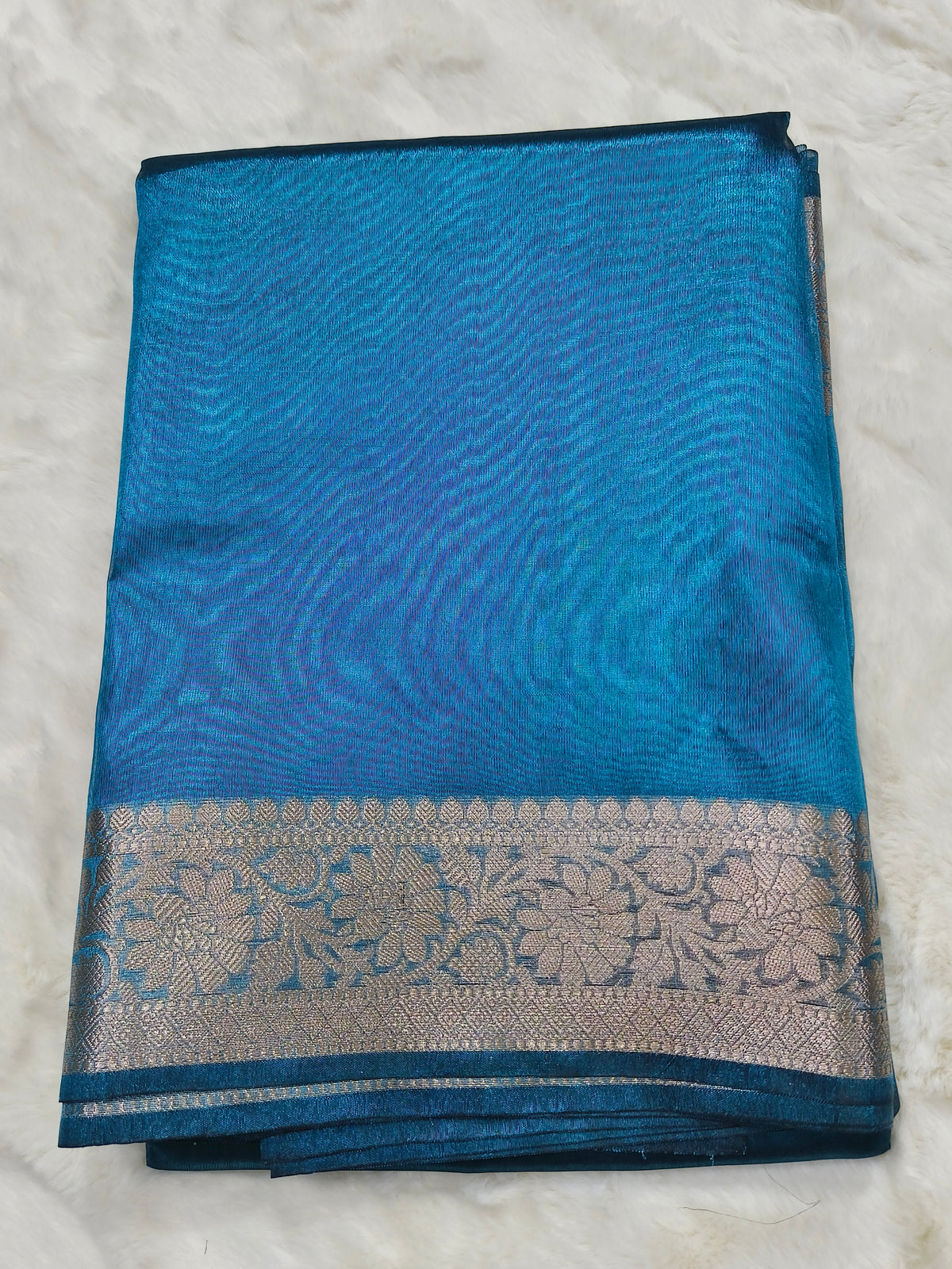 Dual-Tone Peacock Teal Tissue Saree with Floral Zari Border