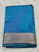 Dual-Tone Peacock Teal Tissue Saree with Floral Zari Border