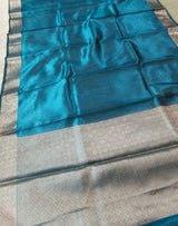 Dual-Tone Peacock Teal Tissue Saree with Floral Zari Border
