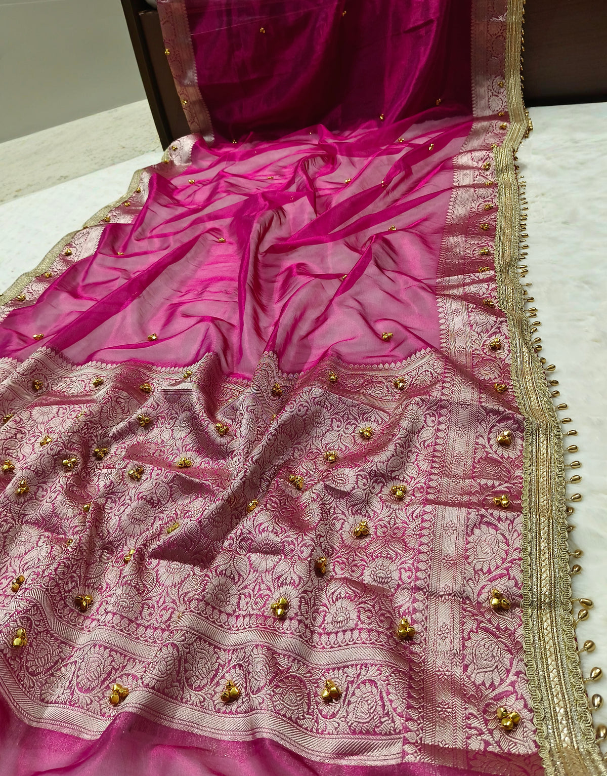 Dusty Rose Pink Ghungroo Tissue Silk Saree