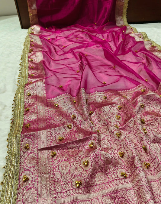 Dusty Rose Pink Ghungroo Tissue Silk Saree