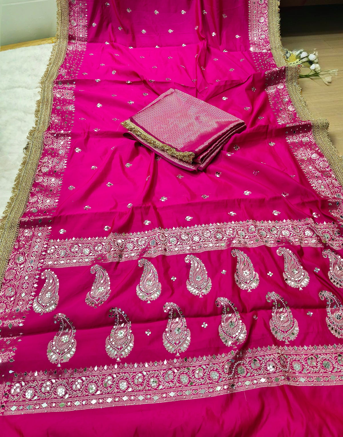 Royal Rani Pink Silk Saree with Paisley Motifs, Pearl & Mirror Work