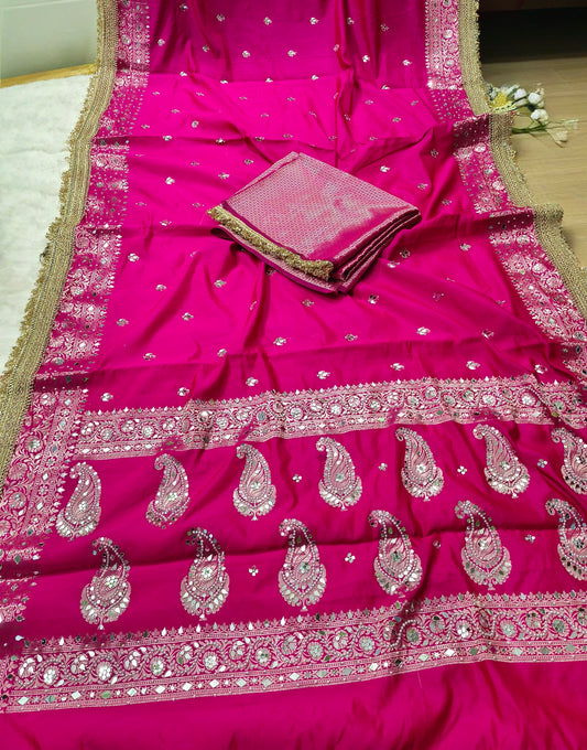 Royal Rani Pink Silk Saree with Paisley Motifs, Pearl & Mirror Work