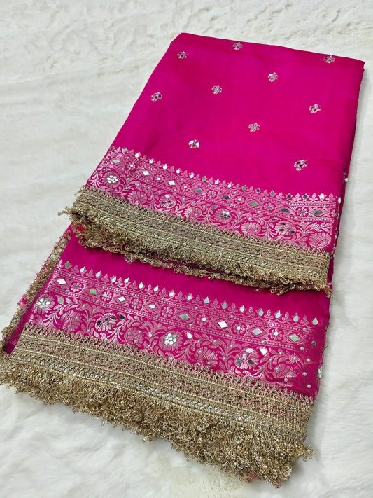 Royal Rani Pink Silk Saree with Paisley Motifs, Pearl & Mirror Work