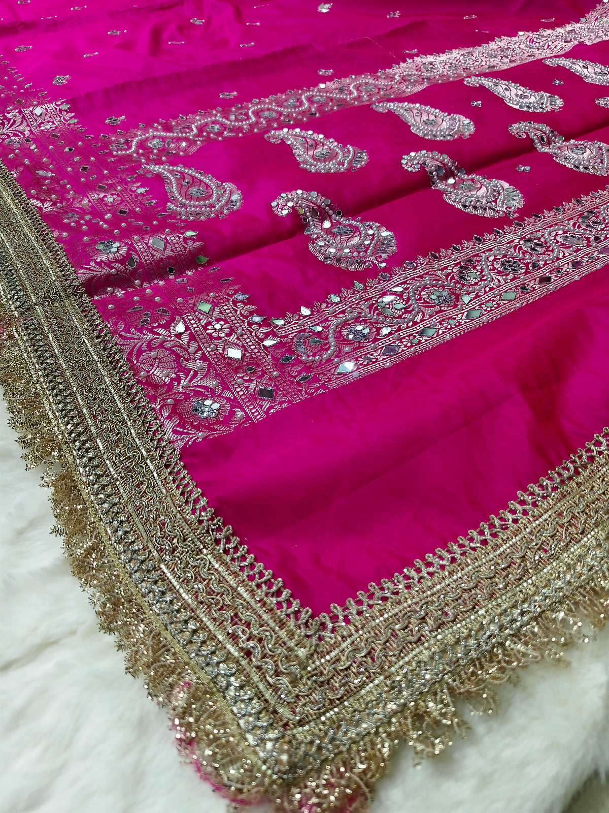 Royal Rani Pink Silk Saree with Paisley Motifs, Pearl & Mirror Work