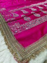 Royal Rani Pink Silk Saree with Paisley Motifs, Pearl & Mirror Work
